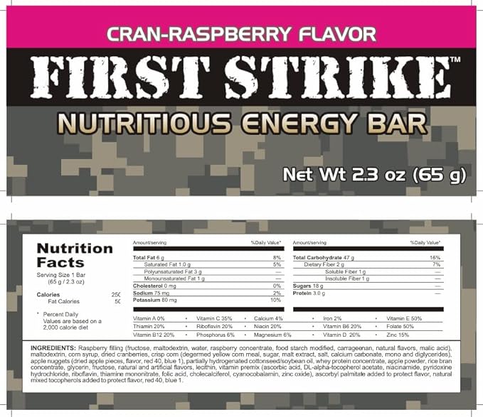 First Strike Energy Bars Full Size (2.3 oz.) Vitamin Fortified Nutritious Energy Bars - Authentic USGI MRE Dessert component available in 6 12 24 48 and 100 Packs (24 CranRaspberry)