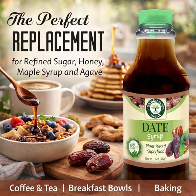 Good Balance Health Organic Date Syrup Sweetener Natural Sugar Alternative for Coffee Tea Baking and Cooking Vegan Paleo Gluten Free Kosher 22.5 oz Squeeze Bottle