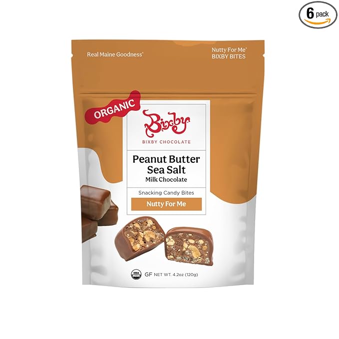 Bixby Organic Milk Chocolate Crunchy Peanut Butter Sea Salt Bites - Gluten Free Kosher Non-GMO Chocolate - Organic Milk Chocolate Energy Snacks - Resealable 4.2oz Bags - Pack of 6 Bags
