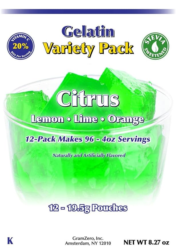 GramZero Citrus Variety (Lemon Lime Orange) Sugar Free Gelatin Mix 12-Pack Zero Carb Dessert Stevia Sweetened