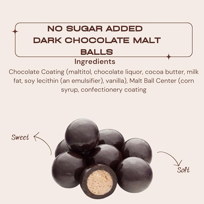 Nuts To You No Sugar Added Dark Chocolate Malt Balls – 8 oz Resealable Bag Perfect Crunchy Snack Guilt-Free Treat with Classic Malt Flavor