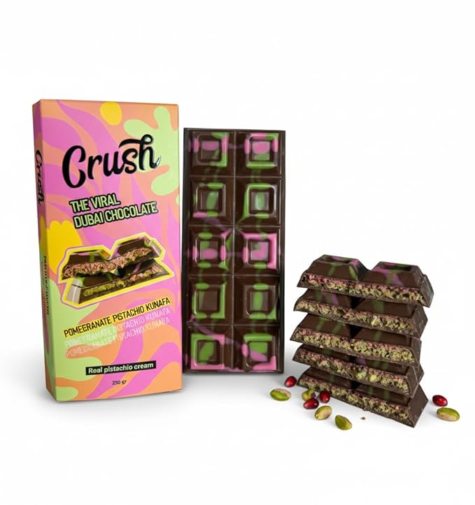 Crush Dubai Pistachio Pomegranate Chocolate Bar – 7 oz Luxury Gift Filled with Toasted Katafi Pomegranate Cream &amp Tahini Inspired by the Classic Knafeh Dessert