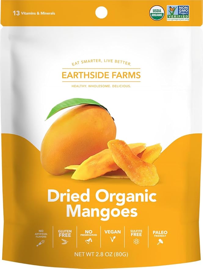 Earthside Farms - Dried Organic Mango Variety Pack Original Citrus Splash Lime Kick and Peach Paradise Dried Organic Mangoes Gluten Free No Added Sugar Non GMO Organic Vegan No Preservatives