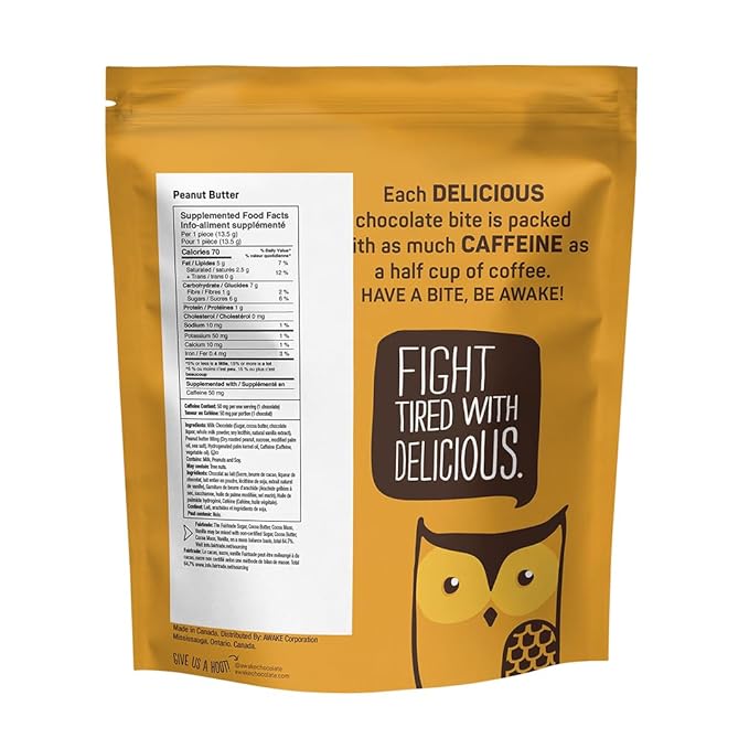 AWAKE - Caffeinated Chocolate Bites - Peanut Butter Milk Chocolate 50 Bites - 50mg Caffeine - Wrapped Energy Bites - Coffee Alternative - Fairtrade Gluten Free Non GMO - 0.48oz