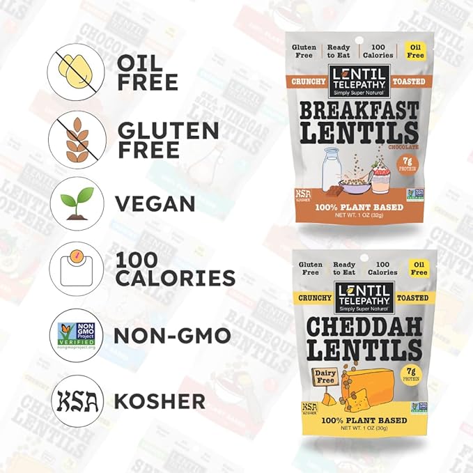 Lentil Telepathy Breakfast &amp Snack Variety Pack - Healthy Snacks for Adults and Kids Alternative Granola or Cereal Breakfast Low Calorie Dairy-Free Oil-Free - 1 Ounce Bags (Mix Pack of 32)