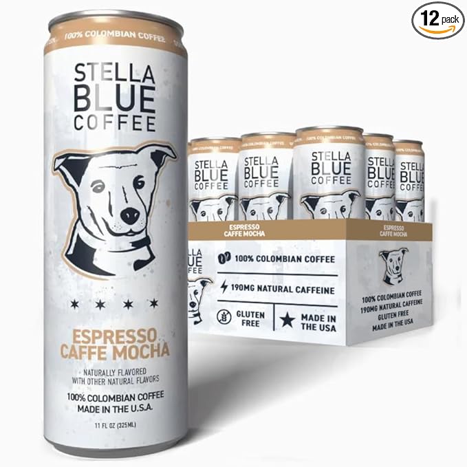 Stella Blue Espresso Caffe Mocha Cans Ready-to-Drink Coffee Energy Beverage 100% Colombian Coffee 190mg Natural Caffeine Gluten Free &amp Good Source of Protein 11oz Can 12 Pack