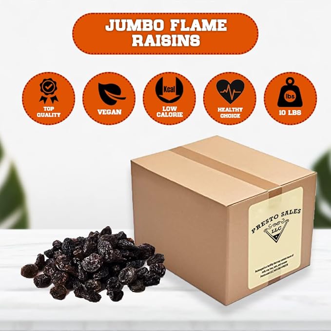 Raisins Jumbo Flame Packaged in a 10 lbs. (160 oz.) bag/box Great trace mineral boron in the diet Vegan No Added Sugar Kids and Adults Energy Boost snack Luscious Seedless by Presto Sales