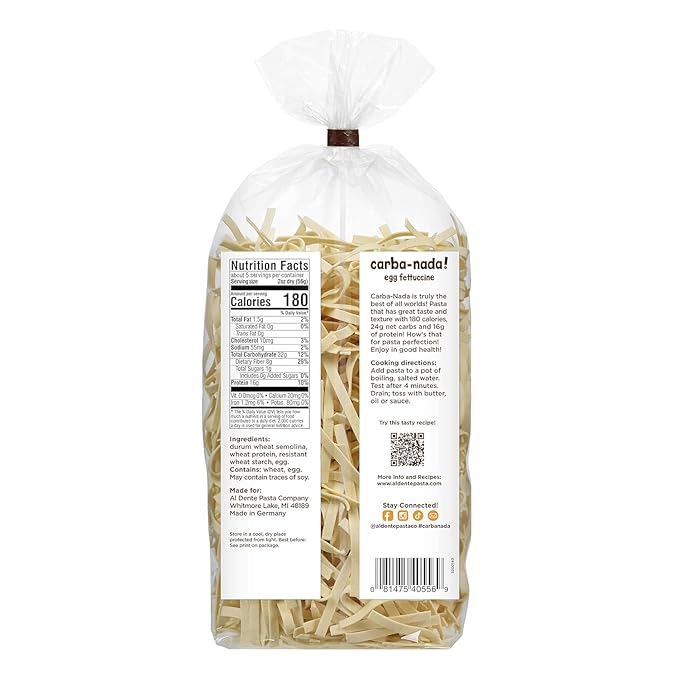 Al Dente Carba-Nada Egg Fettuccine - Lower Carb High Protein Keto &amp Point-Based Diet-Friendly - Delicious and Versatile - Artisanal with Cage-Free Eggs 10 Ounce Bags (Pack Of 6)