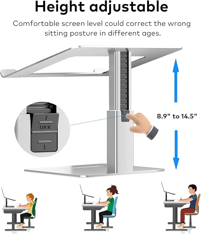 Laptop Stand for Desk Ergonomic Aluminum Laptop Stand Adjustable Height from 7-15 Sitting and Standing Laptop Riser for 10-17 Notebook