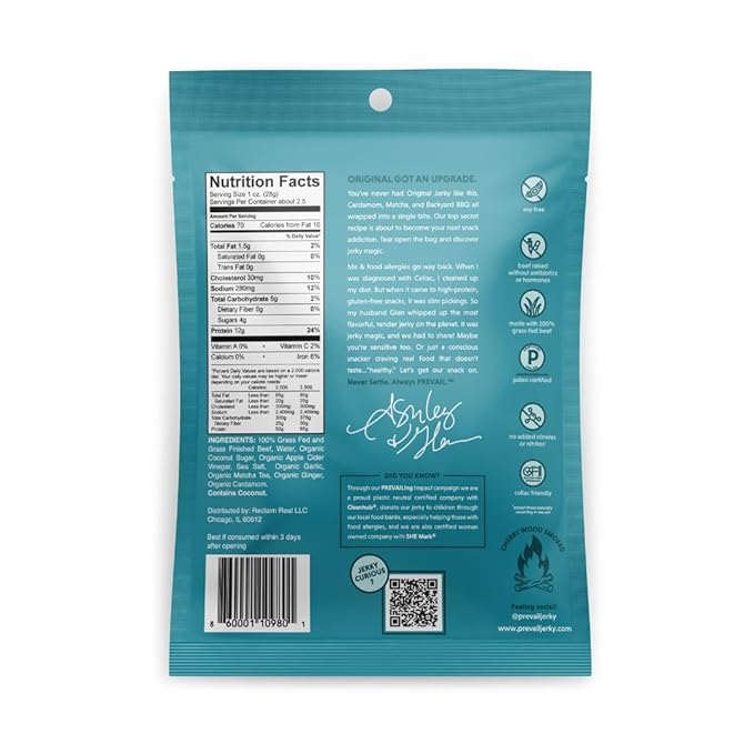 Grass Fed Beef Jerky Variety Pack by PREVAIL - Low Sodium and Gluten Free! | Umami Spicy Lemongrass and Original - Pack of (8) Bags | | Our Gourmet Jerky is Paleo Certified Soy Free Free of Pres