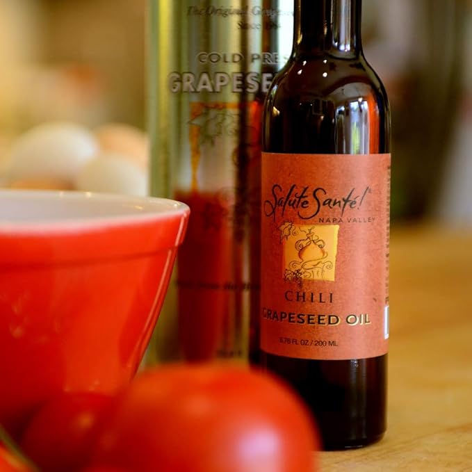 Salute Santé! Chili Infused Grapeseed Oil 200 ml — vegetable oil cooking oil grapeseed oil — Light Chili Aroma Finishing &amp Marinades Sautéing and Roasting Gourmet kitchen essential for everyda