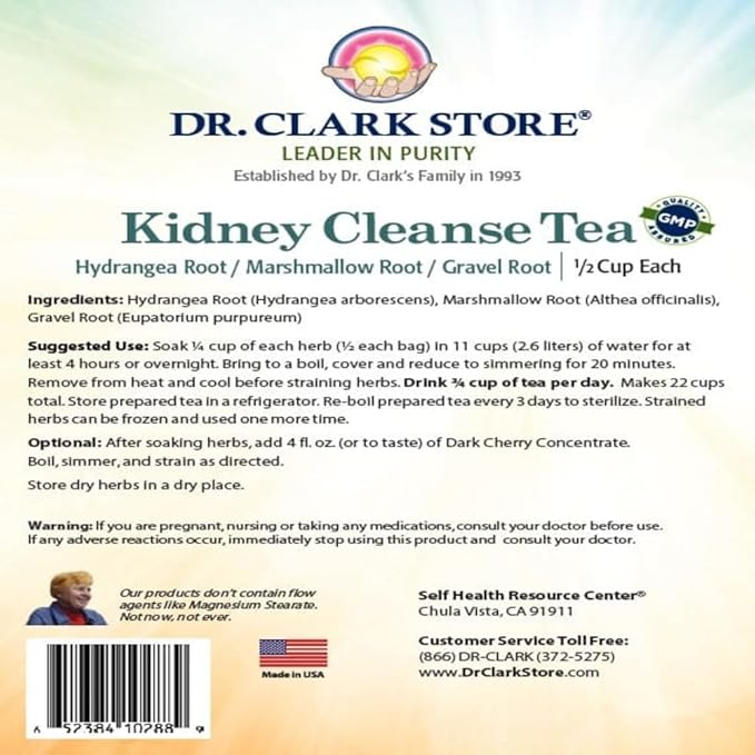 Dr. Clark Dietary Supplement - Kidney Cleanse Tea Bags Supports Kidney Function &amp Expulsion Kidney Stones - Hydrangea Marshmallow Root &amp Gravel Root - 3 Bags per Pack
