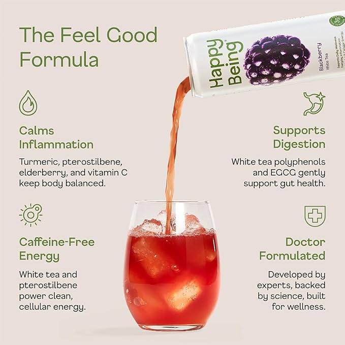 Happy Being Blackberry White Tea – Antioxidant &amp Polyphenol Rich Infused with Turmeric Elderberry Caffeine Free Plant-Based Low Sugar &amp Low Calorie Drinks 12oz (16 Pack)