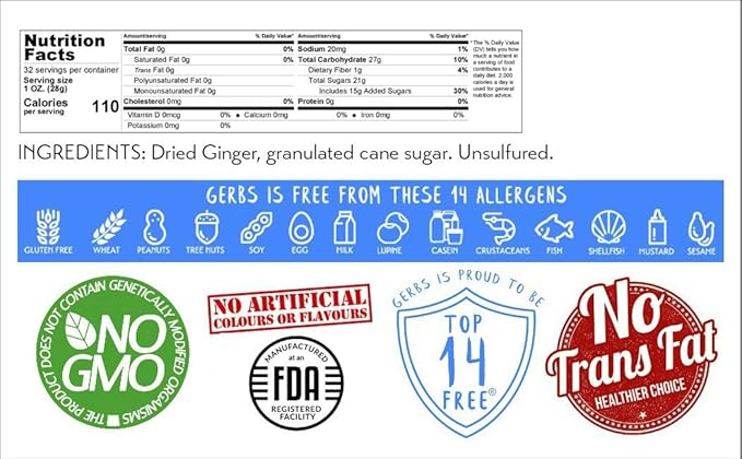 Gerbs Crystalized Dried Ginger 2 lbs. | Unsulfured No Artificial Additives Resealable Bulk Bag | Bold &amp Spicy Flavor | Top 14 Allergen-Free