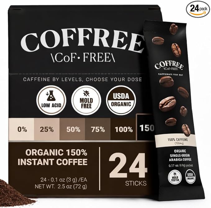 COFFREE Organic Instant Coffee Packets - 150% Extra Strong Dark Roast Convenient Coffee Sticks Mold Free Low Acid Arabica for On-the-Go Energy - Hot or Cold Single Serve Travel Packets 24 Count