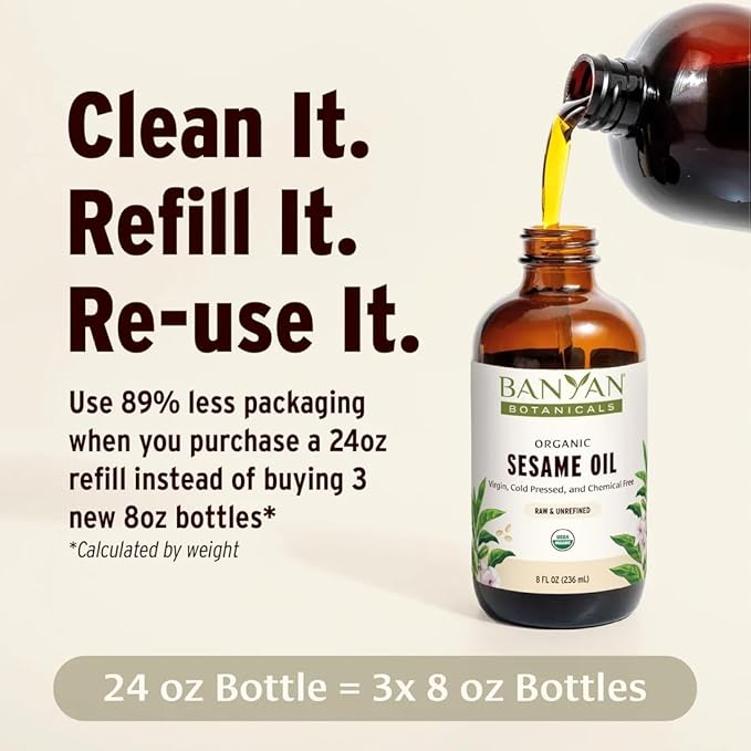 Banyan Botanicals Organic Unrefined Sesame Oil – Rich &amp Warming Ayurvedic Massage Oil for Body &amp Scalp – Traditional Abhyanga Oil for Deep Tissue Grounding &amp Recovery – 24 oz – USDA Organi
