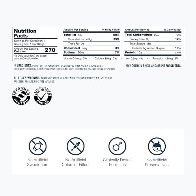 Transparent Labs Protein+ Bars - Whole-Food Protein Bars w/ 15g+ Grass-Fed Whey &amp Egg Whites Protein Natural Peanut &amp Almond Butter No Artificial Sweeteners - Oatmeal Chocolate Chip 12 Bars