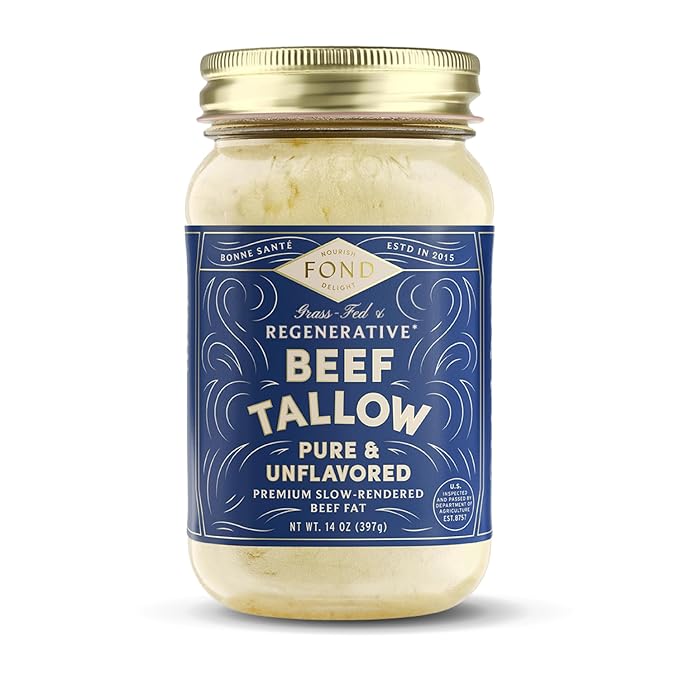 FOND Regenerative Grass-Fed Beef Tallow for Cooking – High Smoke Point Grass Fed Beef Tallow for Frying Sautéing &amp Roasting – Sustainably Sourced Seed Oil Free – Pure &amp Unflavored 14oz