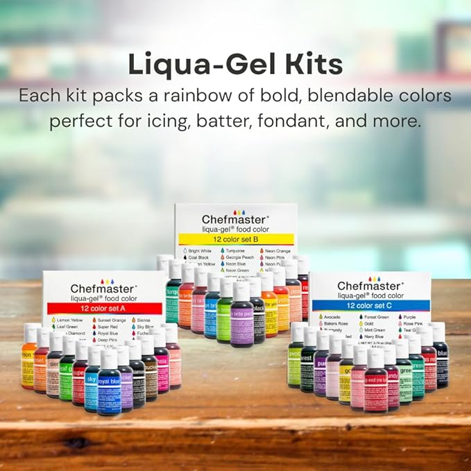 Chefmaster - Liqua-Gel Food Coloring - 12 Color Set C - Fade Resistant - 12 Pack - Vibrant Eye-Catching Colors Easy-To-Blend Formula - Made in the USA