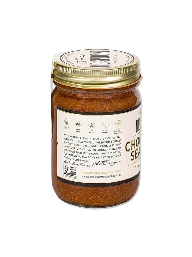 Big Spoon Roasters Dark Chocolate Almond Butter With Sea Salt &amp Raw Honey - Low Sugar Almond Butter - Crunchy &amp Bee-Friendly Almonds - Keto Gourmet Pure Almond Nut Butter - 13 Ounces