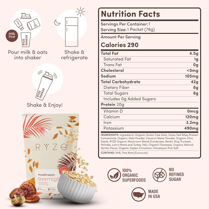 RYZE SUPERFOODS Mushroom Protein Overnight Oats Oatmeal with 6 Adaptogenic Mushrooms and 20g Grass-Fed Whey Protein &amp Chia Seeds Lions Mane Turkey Tail Shiitake Reishi Healthy Breakfast. 14