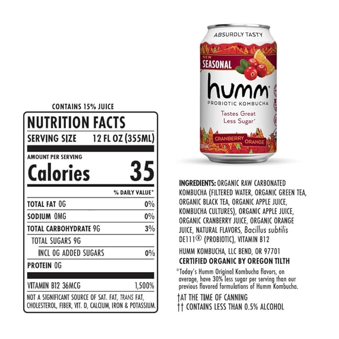 Humm Kombucha Cranberry Orange Organic Vegan &amp GMO Free (24 Pack)