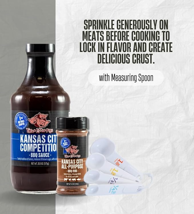 Three Little Pigs Kansas City All-Purpose BBQ Rub 6.5 oz and Competition BBQ Sauce 20.3 oz Bundle with Measuring Spoon – Rubs for Smoking Barbecue Sauce for Ribs &amp Pork – Gift Set (3 Items)