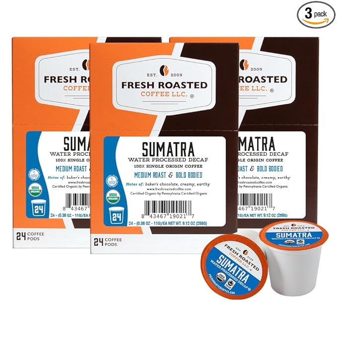 Fresh Roasted Coffee Organic Sumatra Water-Processed Decaf | 100% Single Origin USDA Organic Kosher | Medium Roast K-Cup Compatible | 72 Pods