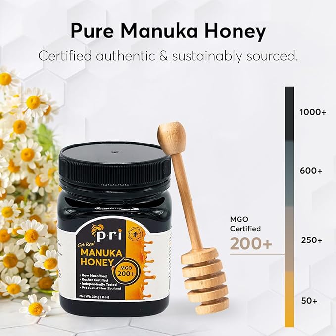 P.R.I Manuka Honey MGO 200+ Monofloral Raw New Zealand Honey Cool‑Processed &amp 100% Traceable (250g/8.8oz)
