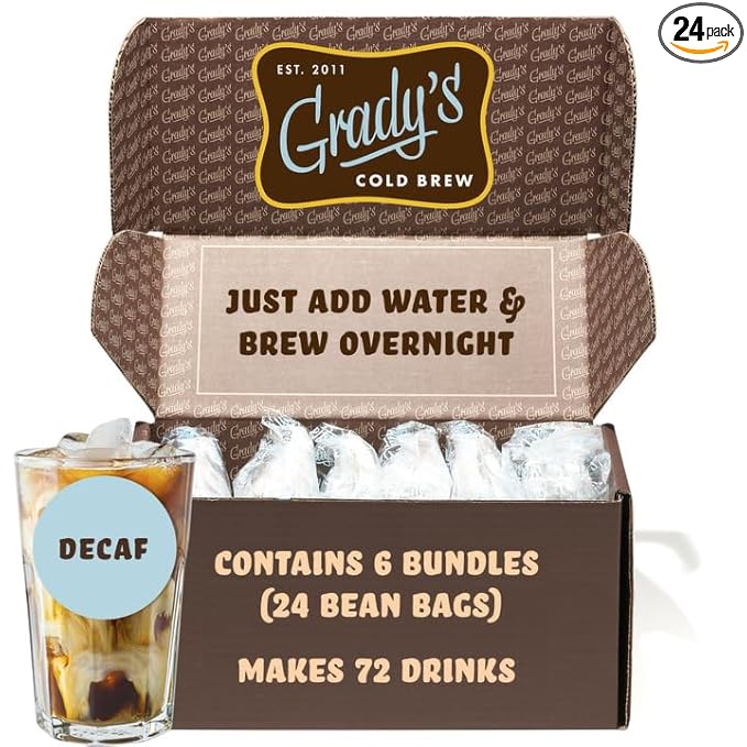 GRADY’S COLD BREW New Orleans Style - DECAF 100% Arabica Ground Coffee &amp Chicory Pouches SIX Bundles of 4 Easy-to-Brew Bean Bags Makes 72 drinks