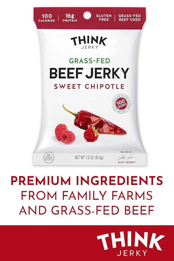 Think Jerky Sweet Chipotle Beef Jerky Grass-Fed High Protein Beef Gluten Free No Antibiotics or Nitrates Healthy Chef Crafted Recipe Low Calorie and Low Fat - 1.0 oz Bags 8 Pack