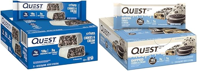 Quest Nutrition Crispy Cookies &amp Cream Hero Protein Bar 18g Protein 1g Sugar 3g Net Carb &amp Dipped Chocolate Cookies &amp Cream Protein Bars High Protein Low Carb Gluten Free
