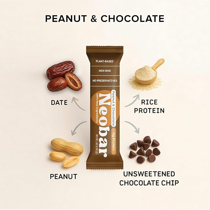 NEOBAR 9g Plant-Based Protein Fruit and Nut Bars - Vegan Snack Bars Gluten Free Dairy Free Snacks No Preservatives No Refined Sugars Added Non-GMO | Peanut &amp Chocolate 12 Count