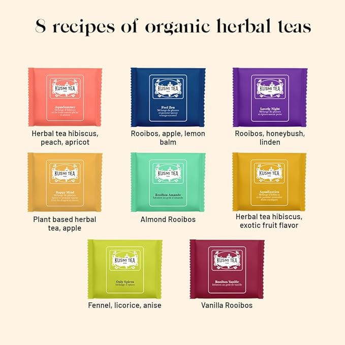 Kusmi Tea - Organic Herbal Tea Gift Set - Sampler Assortment Variety Box - Gift Idea for Men and Women - Caffeine-Free Teas - Hibiscus Tea Chamomile Tea Rooibos - 8 Recipes - 24 Tea Bags