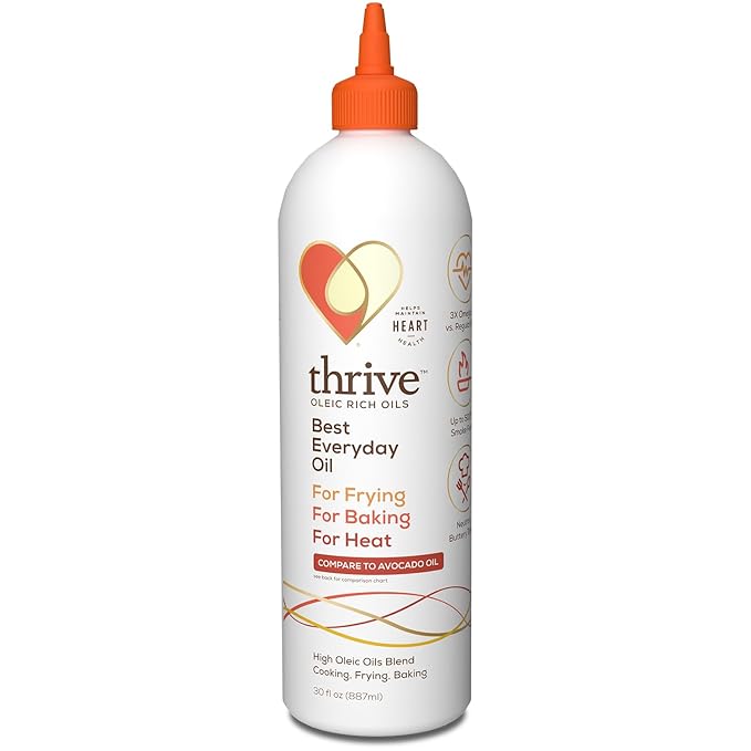 Thrive Oleic Rich Cooking Oil Blend - Heart and Health-Conscious Oil Rich in Omega-9 Monounsaturated Fat (80%) Very Low Omega-6 Sunflower and Algae Oil 30 fl oz Squeeze Bottle 1 Pack