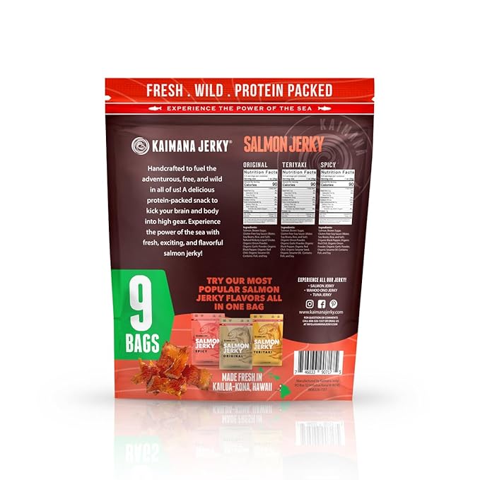 Kaimana Jerky Wild Caught Salmon Jerky - Organic Dried Fish Strips Rich in Omega-3 &amp Protein Low-Calorie Gluten-Free Low Sodium &amp Sugar - Original Teriyaki &amp Spicy Flavors - 9 Pack (0
