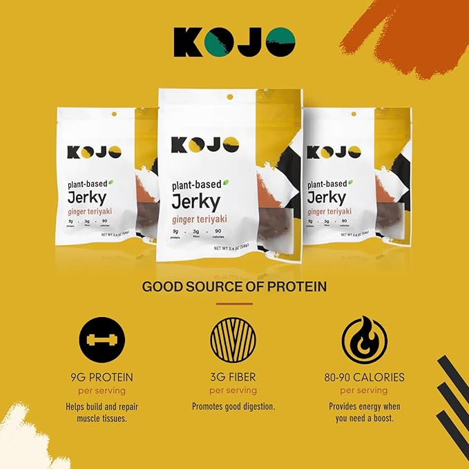 Kojo - Plant-based Vegan Jerky - Ginger Teriyaki - Gingery Zing and Shamelessly Meaty Flavor - 9g Protein 3g Fiber 90 Calories - 6 Bags (2.4 oz)