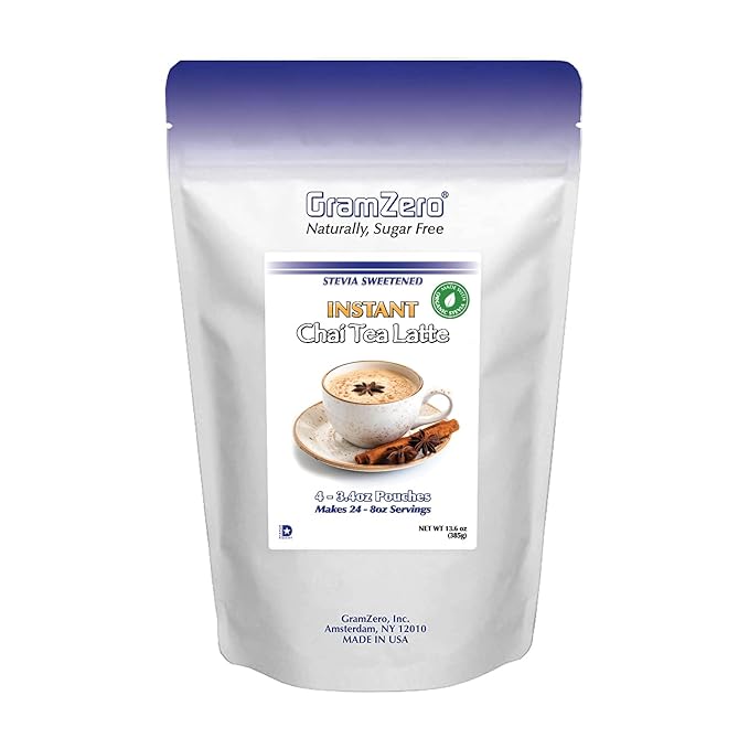 Gramzero Premium Chai Latte Powder Mix | Best Chai Drink Mix | No Sugar Added | Kosher | Stevia Sweetened | 4-3.4 oz Pouches (24 Total Servings) | Each Packet Makes 8fl Oz Rich and Delicious Instant C