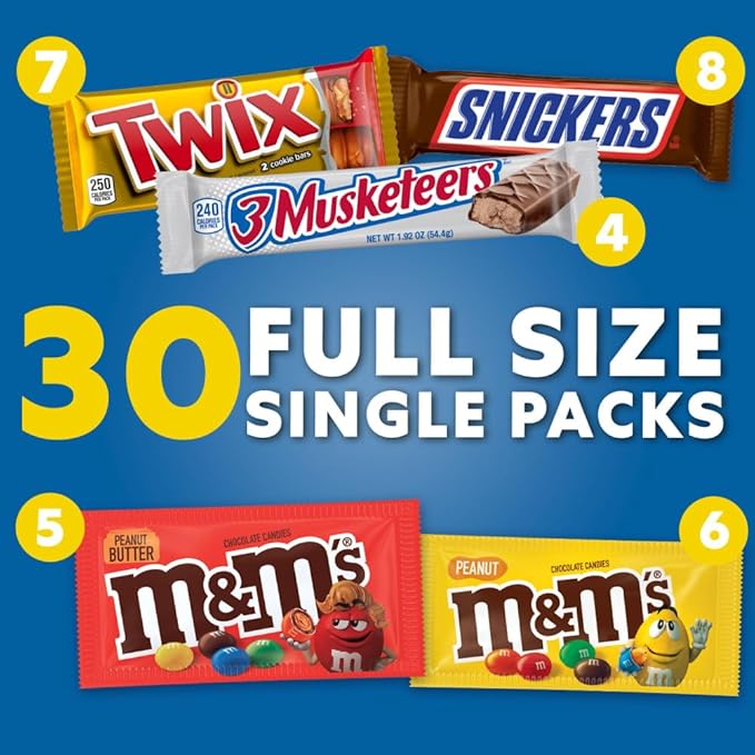MARS CHOCOLATE SNICKERS TWIX MILKY WAY &amp 3 MUSKETEERS Bulk Milk Chocolate Full Size Candy Bars Halloween Chocolate Candy Variety Pack 53.68 oz 30 Bars