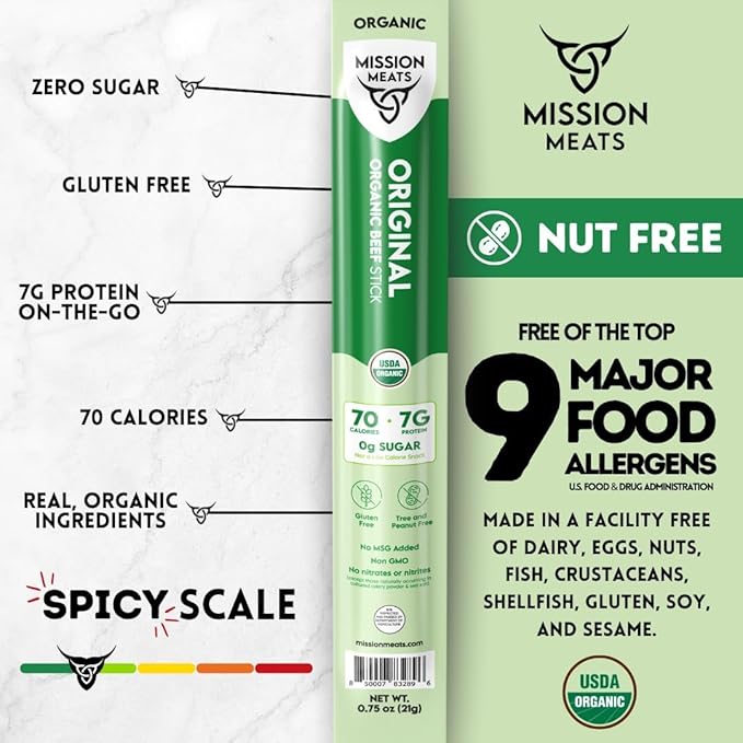 Mission Meats 100% Certified Organic Beef Sticks – Pasture-Raised Zero Sugar Non-GMO Healthy Individually Wrapped Meat Sticks Snack 0.75oz (24ct)