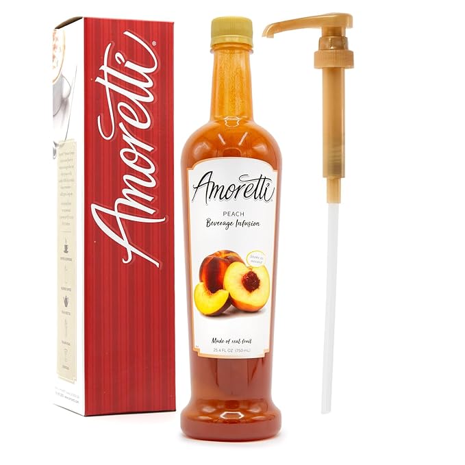 Amoretti - Peach Beverage Infusion 94 Servings Per Bottle (750 ml) - Drink Mix &amp Water Enhancer with Pump for Flavoring Cocktails Waters Teas and other Beverages Preservative Free