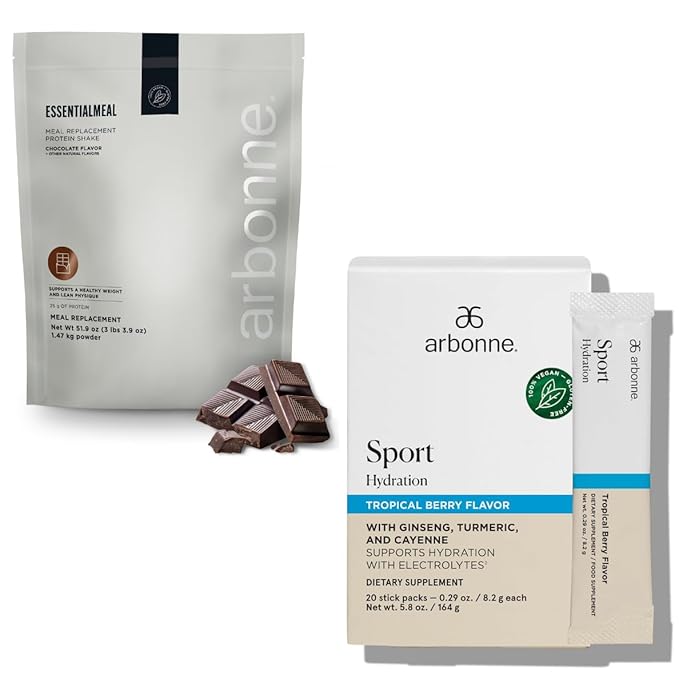 Arbonne EssentialMeal Meal Replacement Shake (Chocolate) with Sport Hydration Tropical Berry Electrolyte Powder
