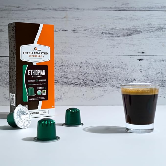 Fresh Roasted Coffee for Nespresso OriginalLine Single Origin Organic Ethiopian Sidamo Medium 10 Count Aluminum Capsules
