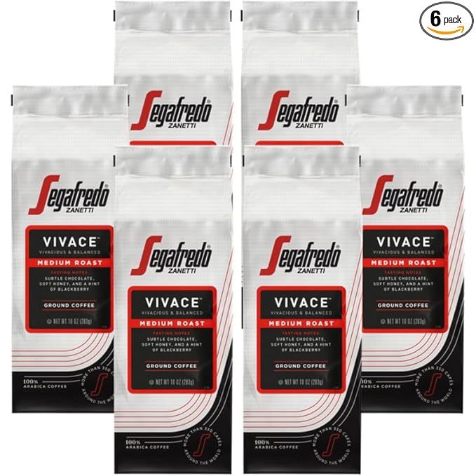 Segafredo Zanetti Ground Coffee – Made with Arabica Coffee – Medium Roast Balanced with Smooth Acidity – Colombian &amp Brazilian Blend – Vivacious Medium Body – Vivace 10oz Bag Pack of 6