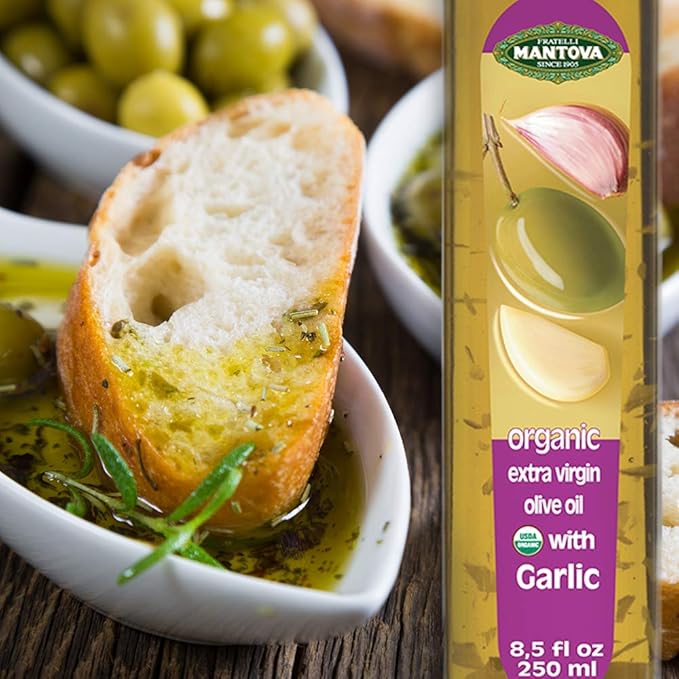 Mantova USDA Organic Garlic Extra Virgin Olive Oil (EVOO) Cold-Pressed Imported from Italy. Perfect for salad dressing vegetables pasta salad dipping Italian bread or pan frying 8.5 ounce