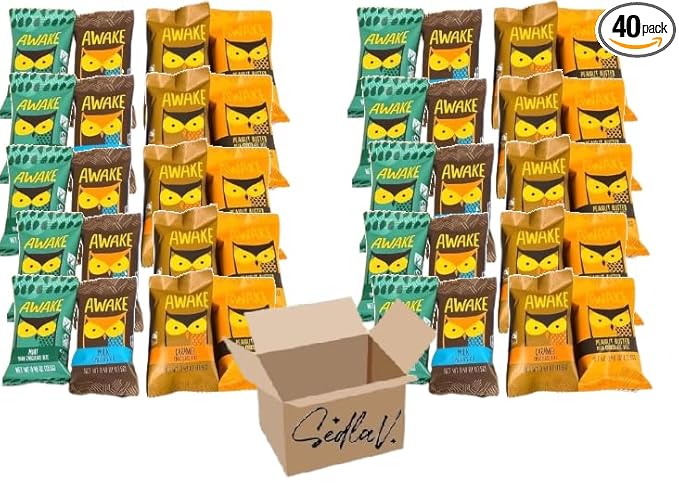 SEDLAV Bundle Awake Bars Variety Pack 4 Different Flavors 10 Each. Mint Caramel Milk Chocolate and Peanut Butter (Pack of 40 SEDLAV)