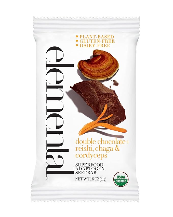 Elemental Superfood Seedbars Double Chocolate + Reishi Chaga &amp Cordyceps 1.8 Ounce - 12 Pack 100% Certified Organic Non-GMO Verified Gluten Free Dairy Free Plant Based