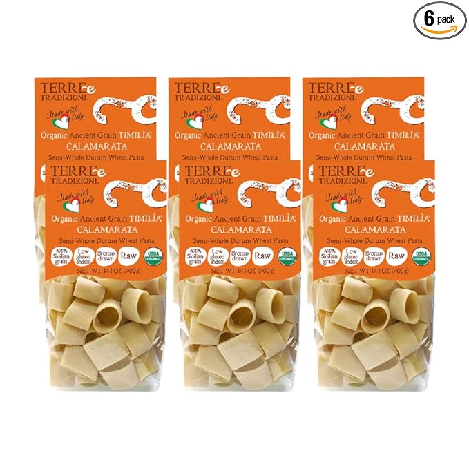 6 PACKS ORGANIC ITALIAN SEMI WHOLE DURUM WHEAT CALAMARATA PASTA – Sicilian Ancient Grain Timilia Vegan Pasta Crafted in Italy. LOW-GLUTEN INDEX. Has 6X More Fiber and Protein than Popular Grains. Al d