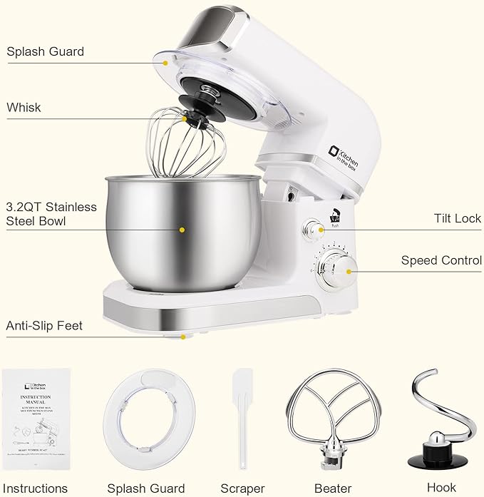 Kitchen in the box Stand Mixer3.2Qt Mini Electric Food Mixer6 Speeds Portable Lightweight Kitchen Mixer for Daily Use with Egg WhiskDough HookFlat Beater (White)