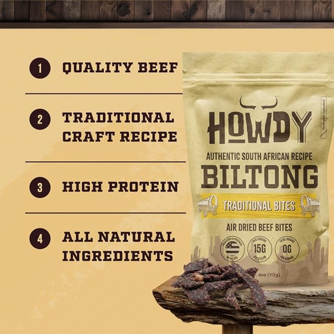 HowdySnax Traditional Biltong Bites – 2 Pack (8 Ounces Total) – Bulk Beef Snack • High‑Protein • Keto &amp Paleo • No Preservatives • Made in USA
